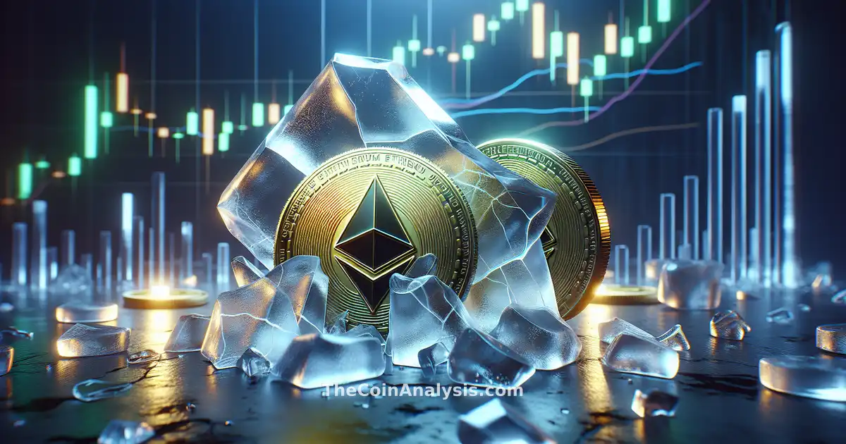 Pièces d’Ethereum 3D brillantes emprisonnées dans de la glace fissurée, graphiques de chandeliers en arrière-plan.