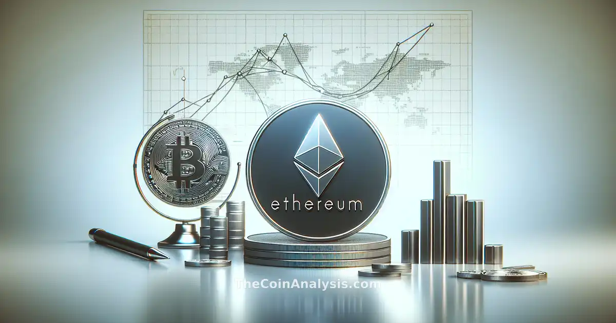 Pièce Ethereum stylisée aux reflets métalliques avec logo BlackRock sur fond blanc et graphique financier discret.