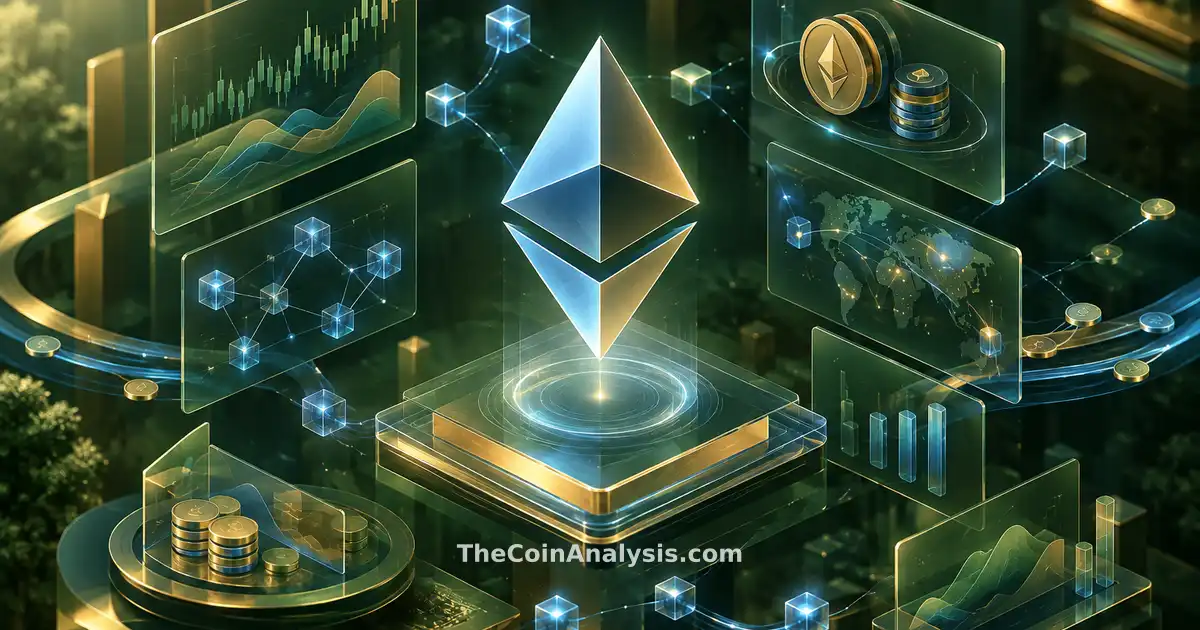 Illustration isométrique d’un glyph Ethereum stylisé au centre, panneaux en verre givré flottants et flux token holographiques.