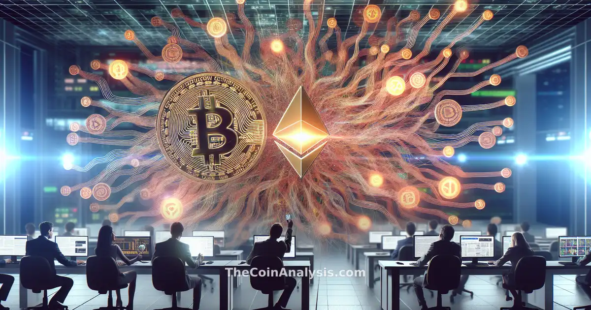 Symboles Bitcoin et Ethereum entourés de circuits quantiques lumineux dans un décor de salle de rédaction.