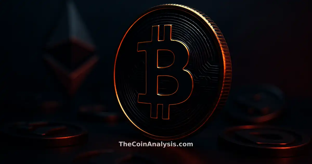 Pièce Bitcoin stylisée en 3D avec éclairage doré sur fond marine sombre, ambiance dramatique et flou artistique.