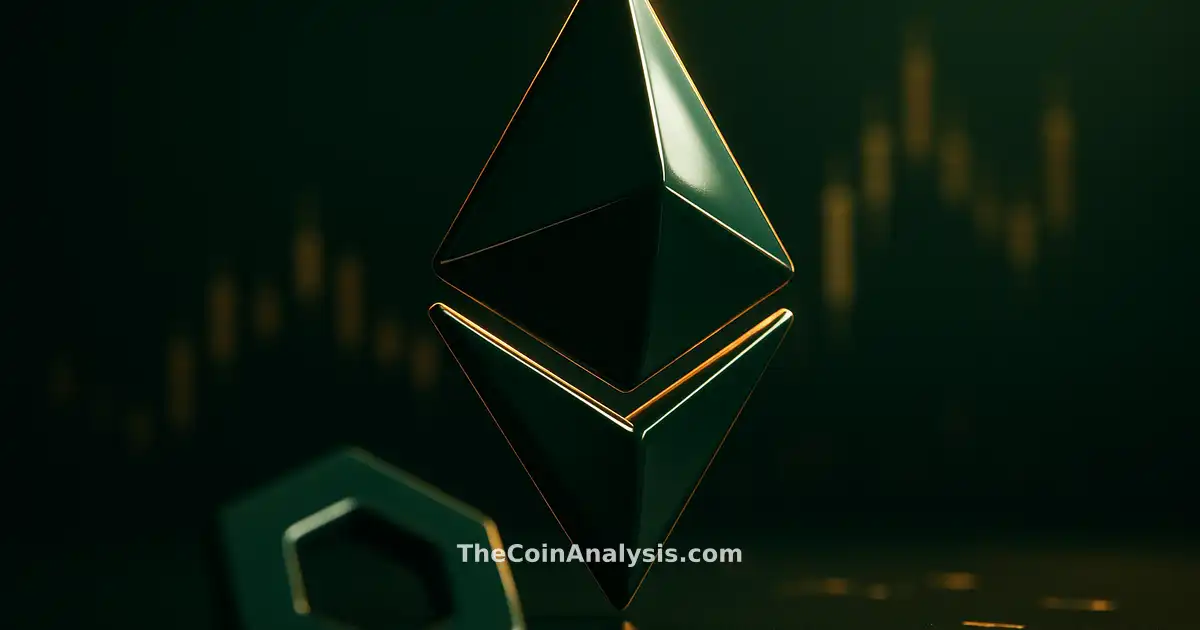 Symbole Ethereum 3D brillant en lumière dramatique, glyphe Chainlink flou au premier plan, chandeliers dorés en arrière-plan.