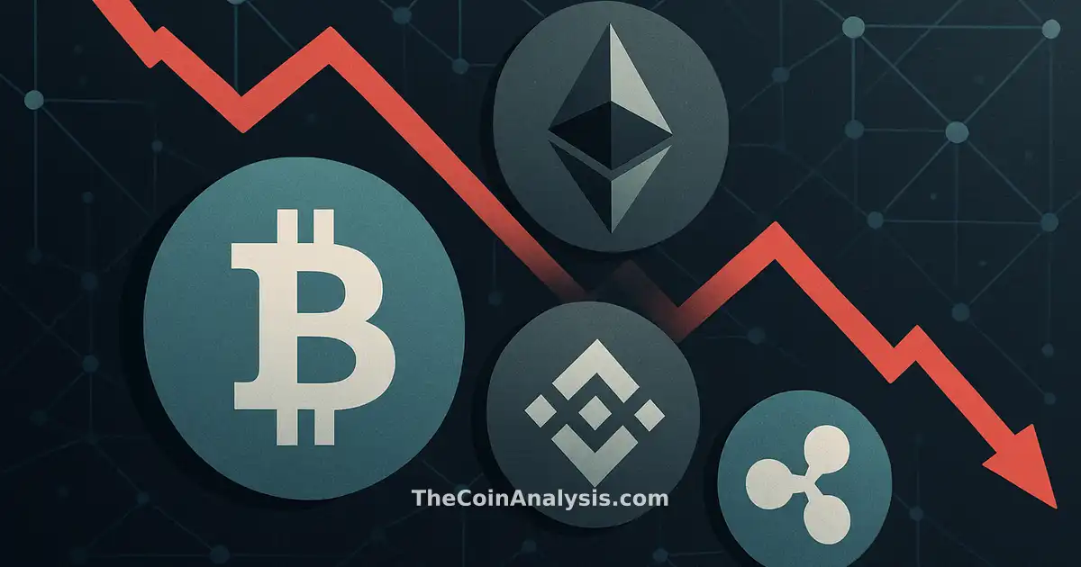 Illustration abstraite de pièces crypto, graphique en baisse et nœuds digitaux interconnectés sur fond sombre.