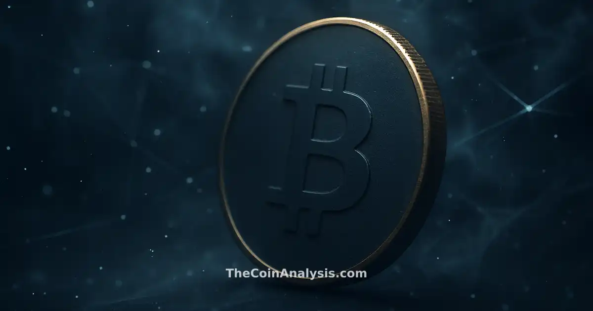 Pièce Bitcoin stylisée aux bords dorés, filaments lumineux et fumée sur fond bleu marine profond.