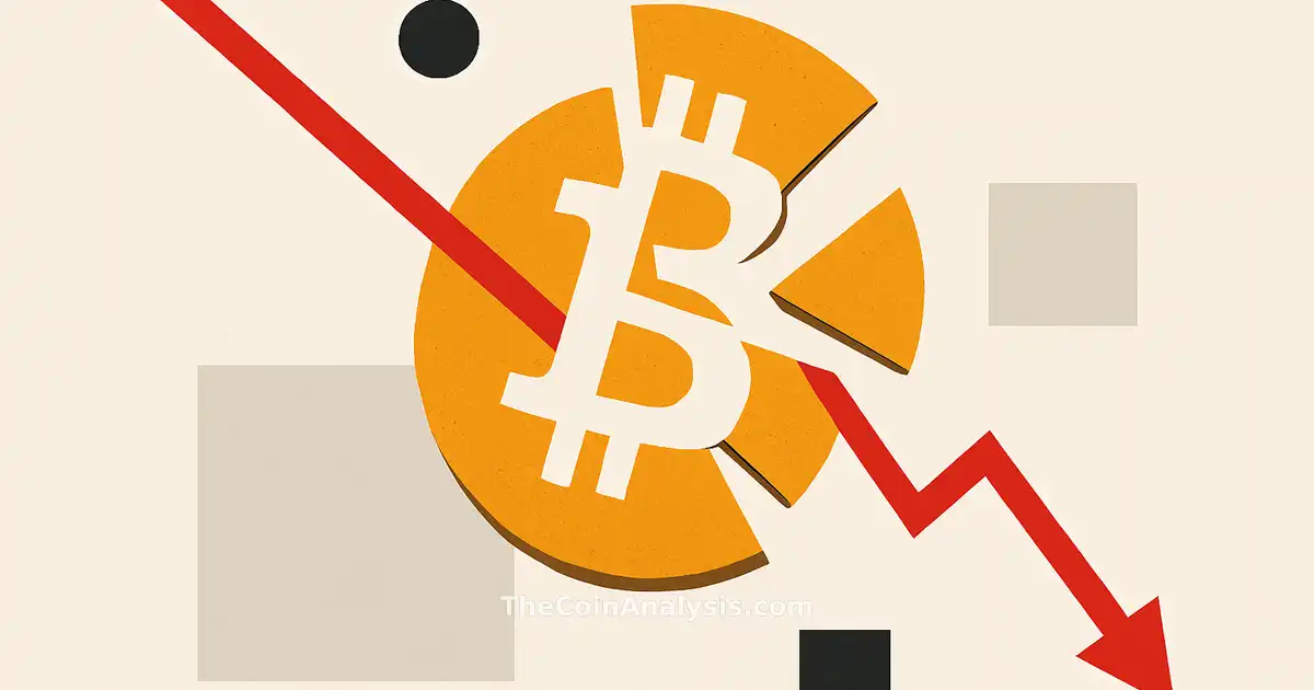Fragmentation abstraite d'une pièce Bitcoin avec une courbe rouge descendant sur fond neutre minimaliste.