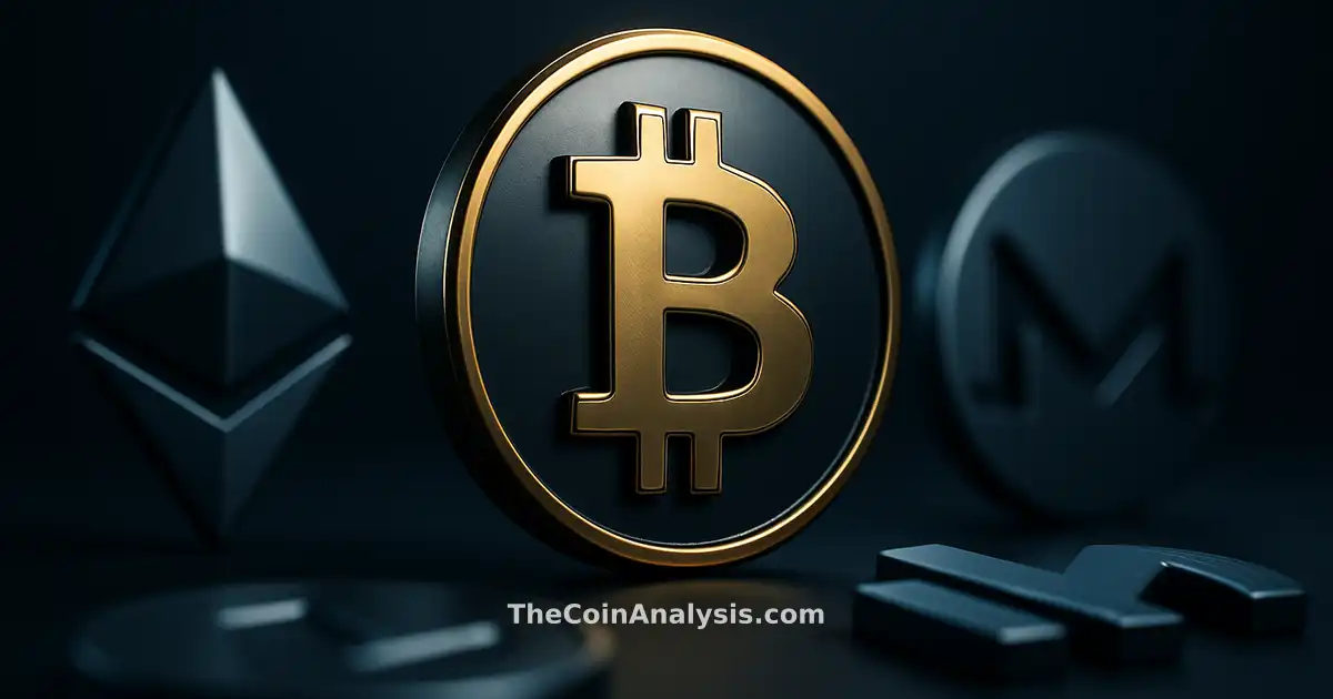 Pièce Bitcoin stylisée en 3D avec lumière dorée sur fond bleu marine sombre, ambiance cinématographique et floue.