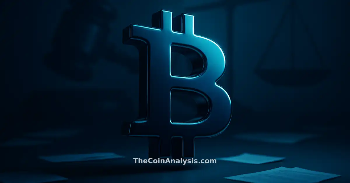 Symbole Bitcoin 3D brillant en lumière dramatique, silhouette de marteau et balances de justice en arrière-plan.