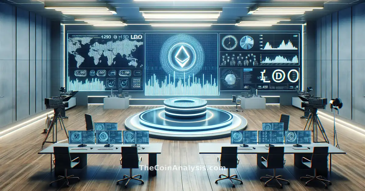 Studio de news avec graphiques numériques en baisse et pièce LDO flottant au premier plan, ambiance urgente.