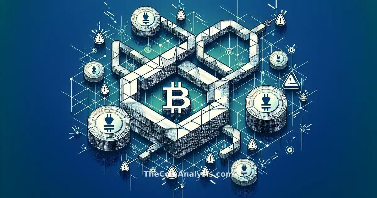 Formes géométriques abstraites, pièces fragmentées et signaux d'alarme illustrant une faille blockchain.