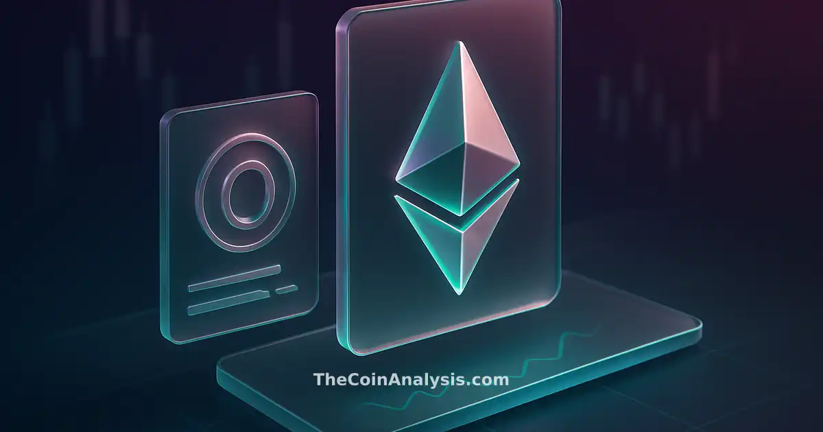 Illustration isométrique futuriste avec symbole Ethereum stylisé, panneaux holographiques flottants et graphiques de marché.