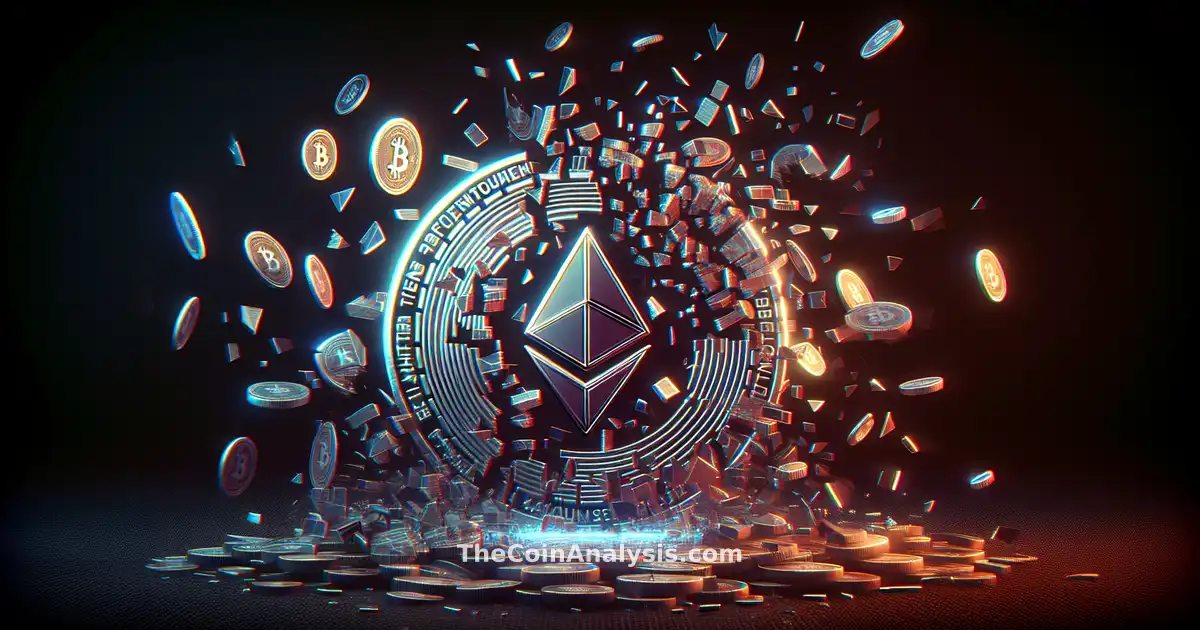 Pièce Ethereum se brisant en éclats numériques, symboles dollar US dispersés sur fond sombre et lumières vives.