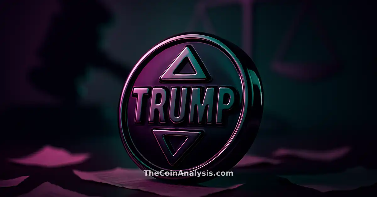 Symbole TRUMP crypto 3D brillant sous lumière dramatique, silhouette de marteau et balance de justice en arrière-plan.