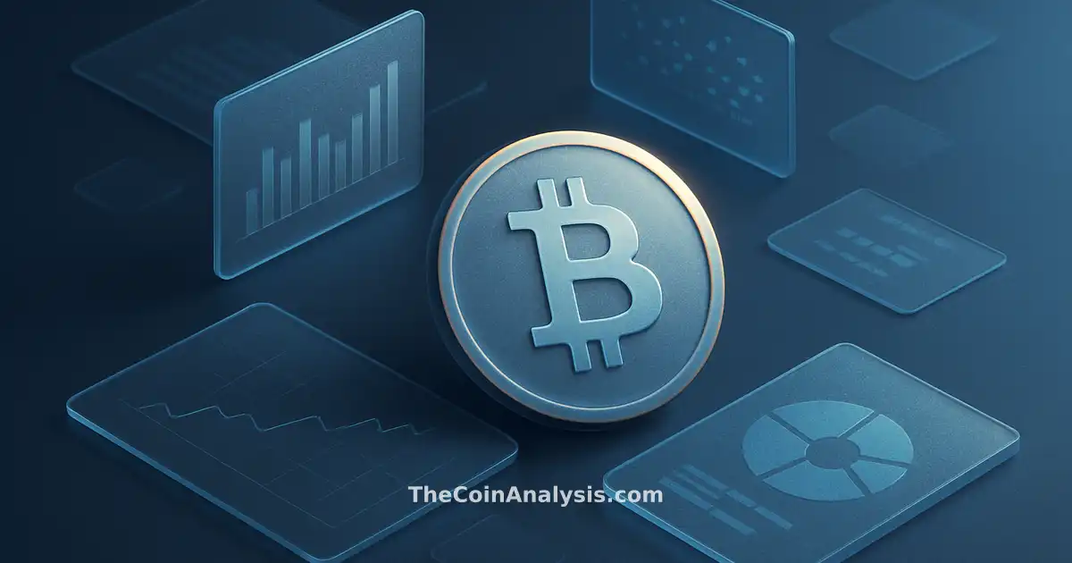 Illustration isométrique d’une pièce Bitcoin stylisée en verre givré flottant sur fond bleu nuit avec reflets glacés.
