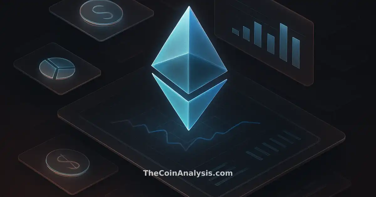 Illustration isométrique d'un glyph Ethereum bleu entouré de panneaux en verre givré et icônes de fonds tokenisés.