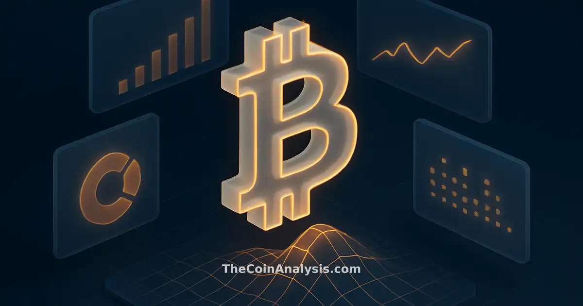 Symbole Bitcoin en verre givré avec halo doré flottant au-dessus d'une grille quantique abstraite bleu nuit