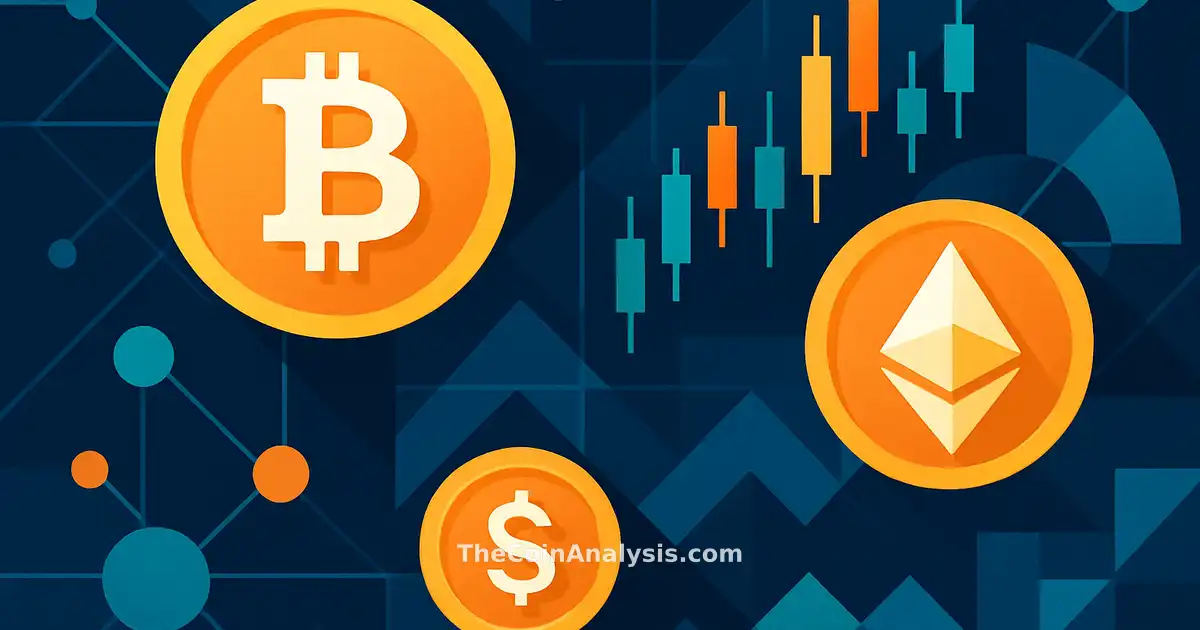 Composition géométrique abstraite avec pièces stylisées, graphiques de trading et noeuds réseau évoquant marché crypto 24/7.