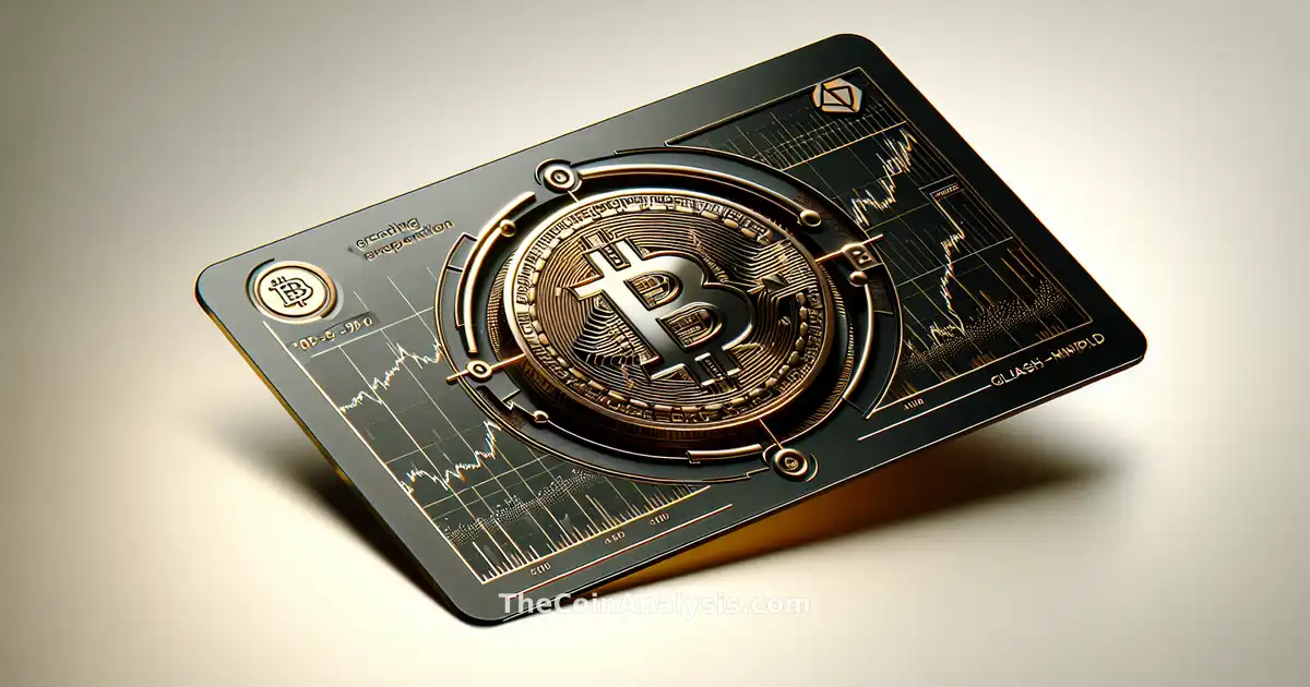 Carte en verre avec symbole Bitcoin, flèches de graphique ETF et logo Morgan Stanley sur fond moderne.