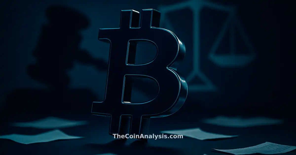 Symbole Bitcoin 3D brillant sur fond sombre avec silhouette de marteau et balances de justice abstraites.