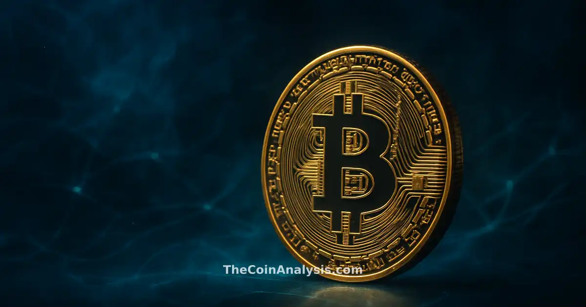Pièce Bitcoin dorée lumineuse sur fond bleu nuit avec filaments lumineux et particules de fumée abstraites.