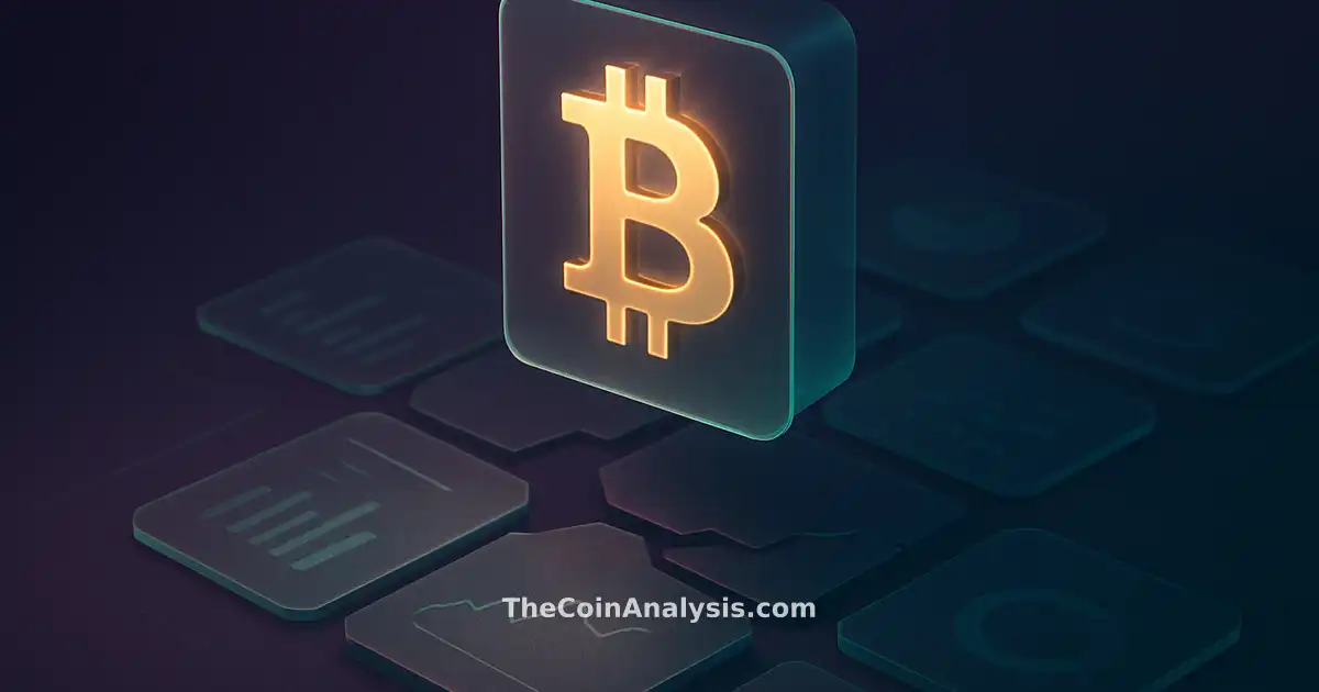 Symbole Bitcoin doré flottant au-dessus de blocs blockchain fracturés sur fond bleu nuit profond.