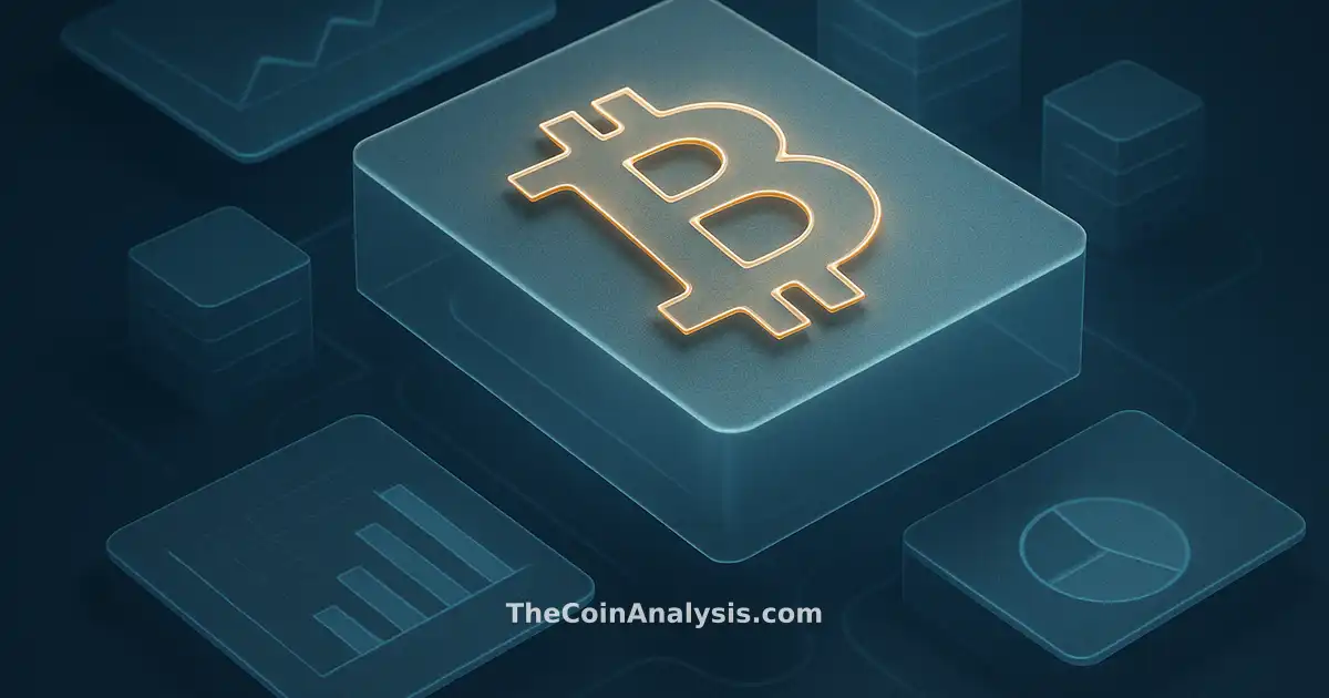 Symbole Bitcoin stylisé en verre givré entouré de serveurs isométriques sur fond bleu marine profond.