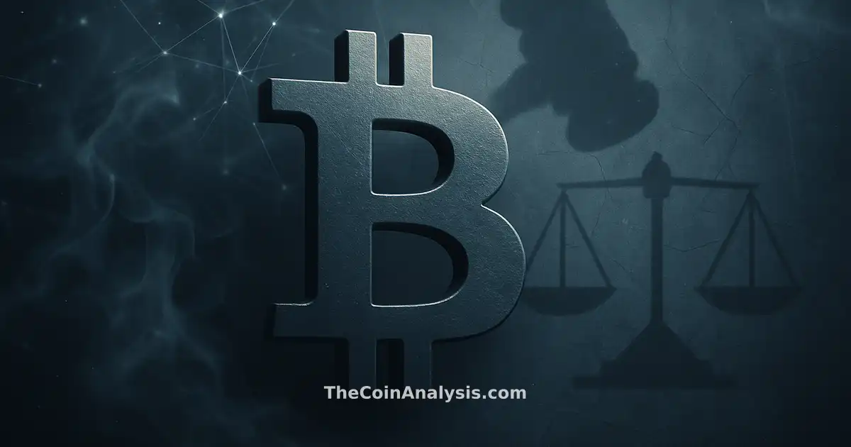 Symbole Bitcoin stylisé avec silhouette de marteau et balances de justice, fumée et filaments lumineux bleus.
