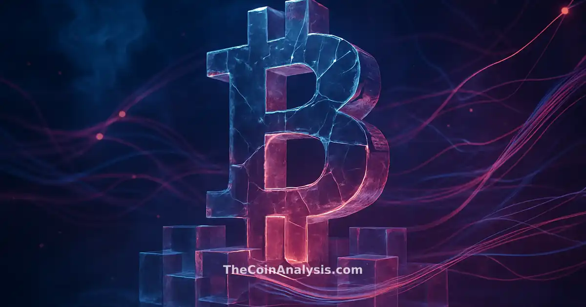 Monolithe Bitcoin fracturé lumineux entouré de blocs translucides et rubans de données dans un réseau sombre.