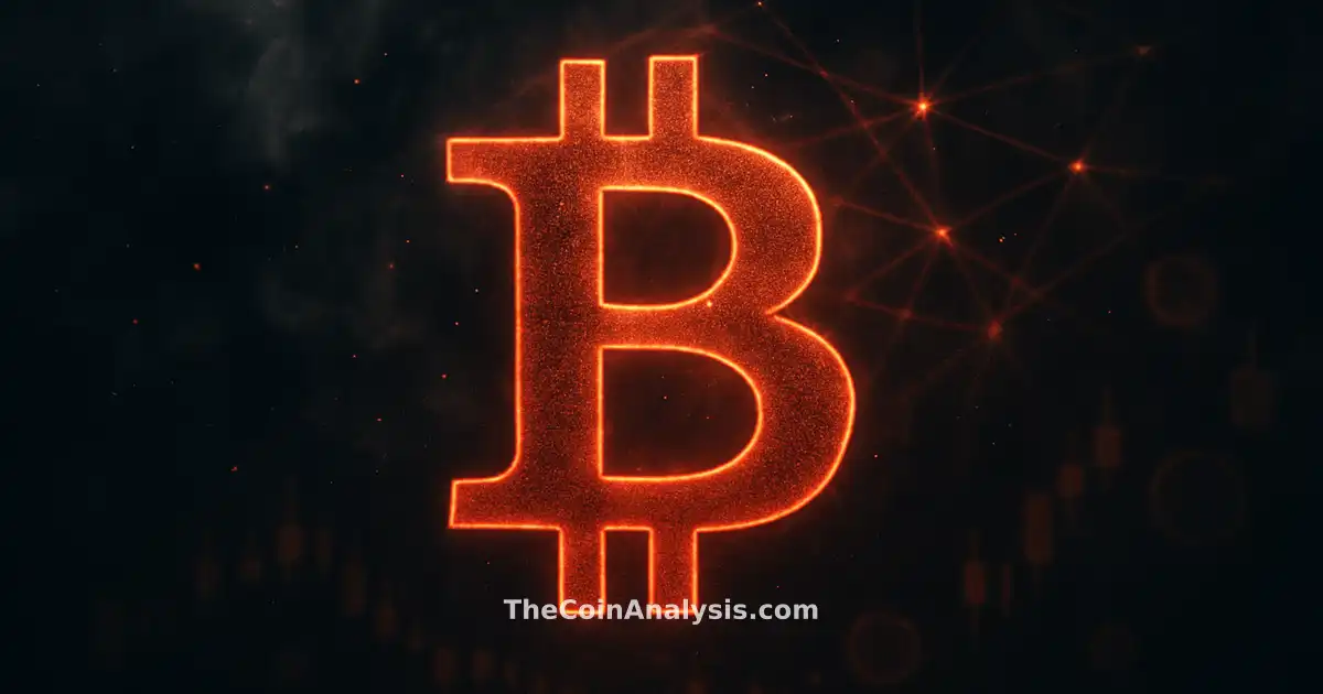 Symbole Bitcoin lumineux stylisé au premier plan, filaments réseau et bougies de marché en arrière-plan sombre.