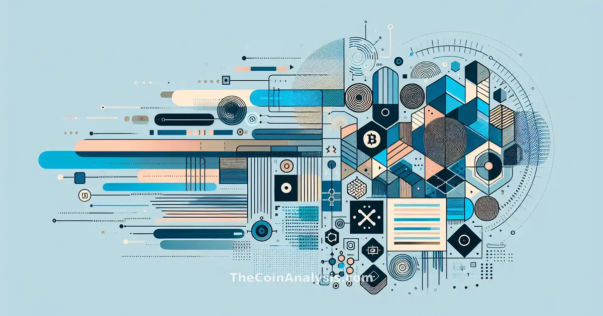 Formes géométriques bleues interconnectées symbolisant transactions numériques et croissance dans le secteur crypto.
