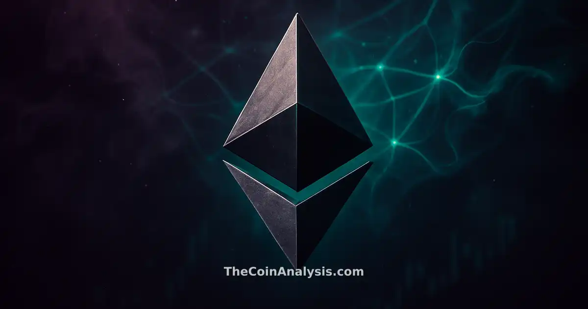Symbole Ethereum stylisé lumineux sur fond abstrait fumé avec filaments réseau et motifs AI éthérés.