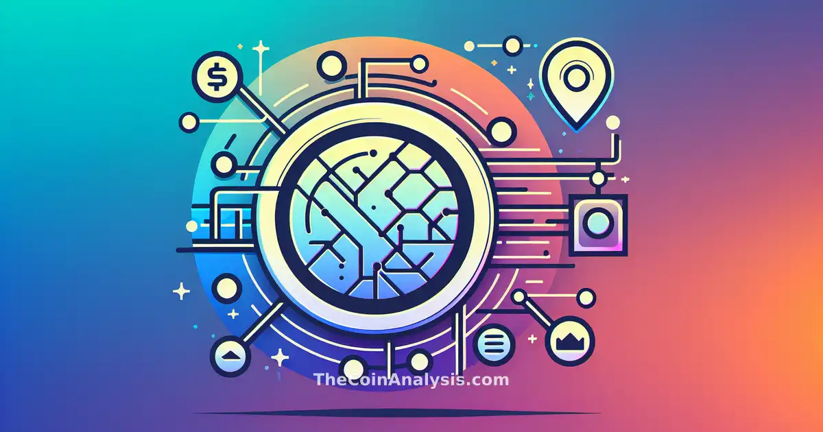 Illustration numérique d’une pièce de monnaie abstraite sur fond dégradé avec motifs de réseau digital.