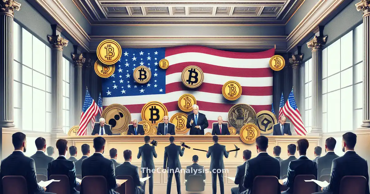 Sénateurs américains sérieux entourés de symboles cryptographiques dans une ambiance législative sombre.