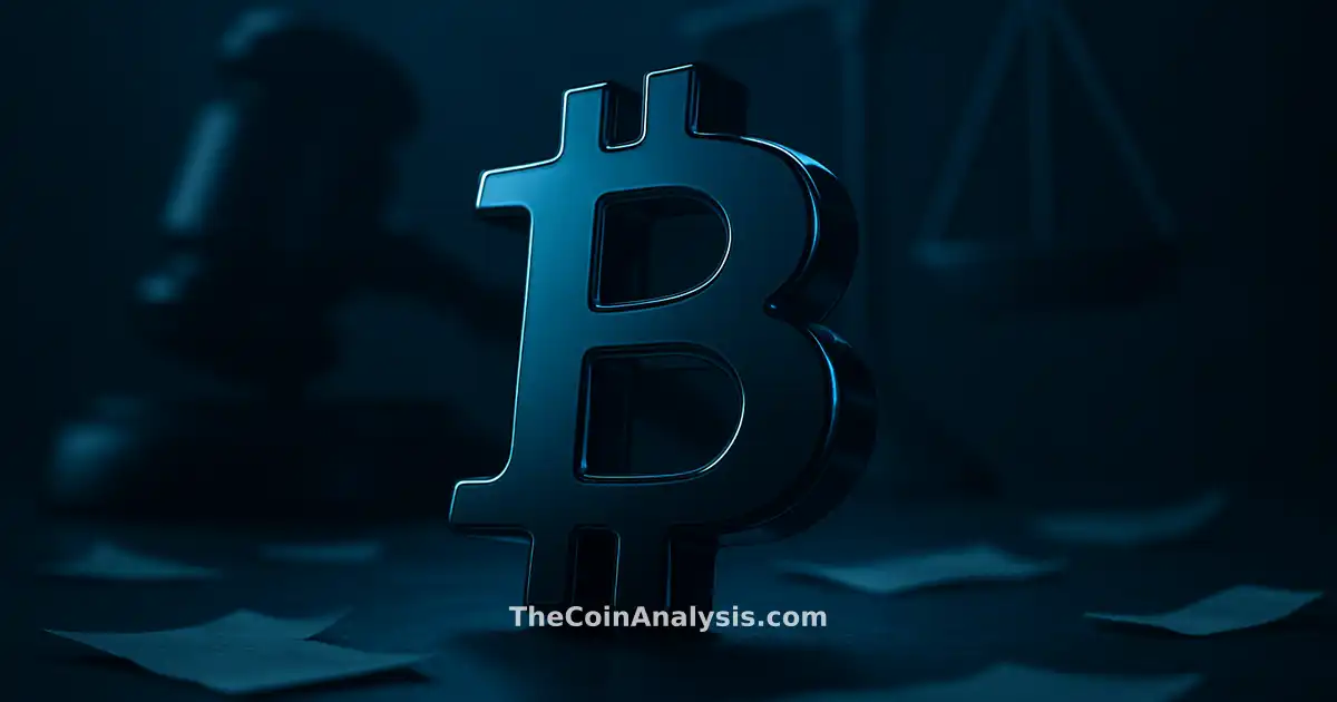 Symbole Bitcoin 3D brillant sous lumière dramatique, silhouette de marteau et balances de justice floues en arrière-plan.