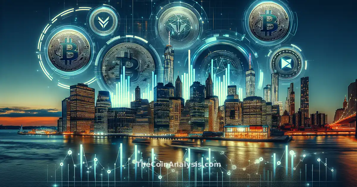 Carte en verre stylisée montrant pièces de crypto, graphiques numériques et skyline de New York en arrière-plan.