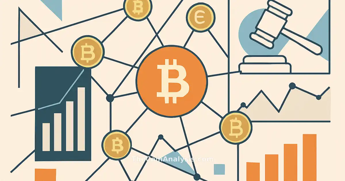 Illustration géométrique abstraite de pièces numériques, lignes interconnectées et graphiques de données financières.