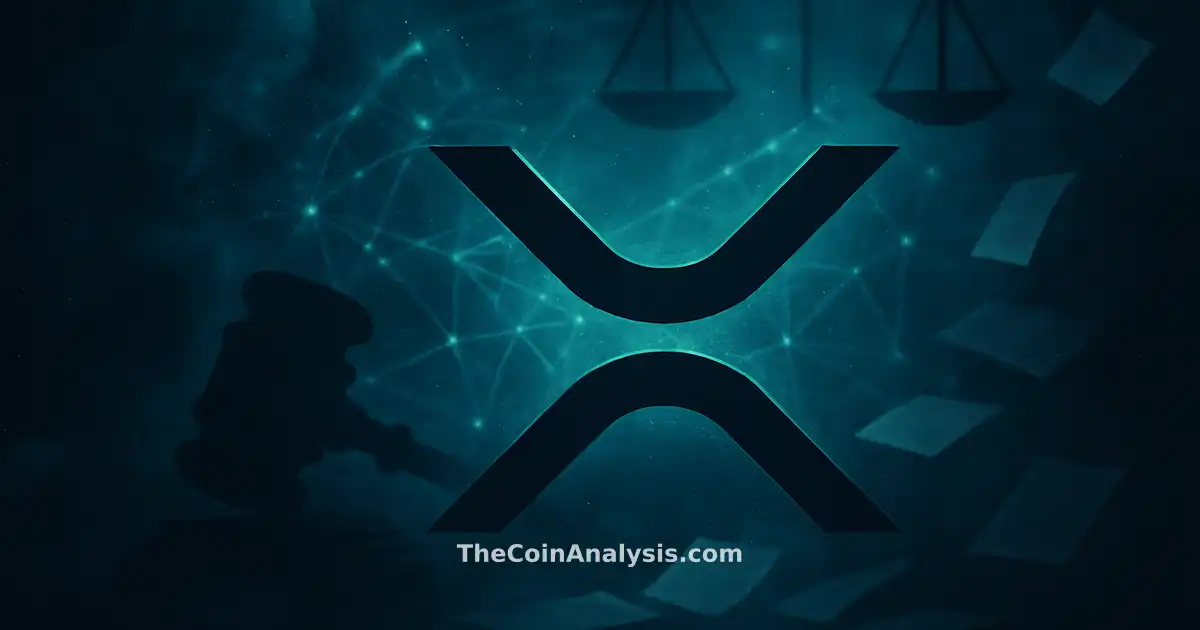 Symbole XRP stylisé lumineux avec balance de justice et gavel en arrière-plan, documents fragmentés flottants.