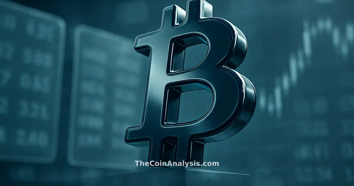 Symbole Bitcoin 3D brillant en gros plan, éclairage dramatique, fonds boursiers givrés et graphiques flous.