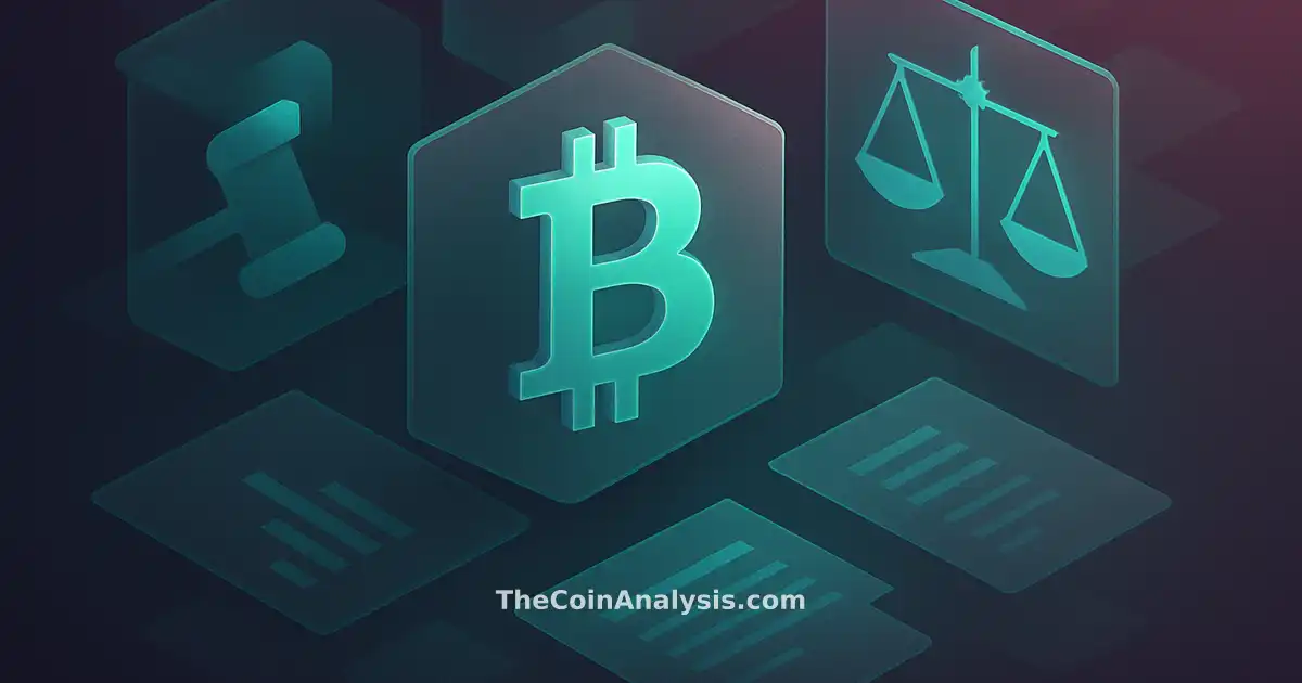 Symbole Bitcoin stylisé entouré de panneaux holographiques, gavel abstrait et balances de justice géométriques.