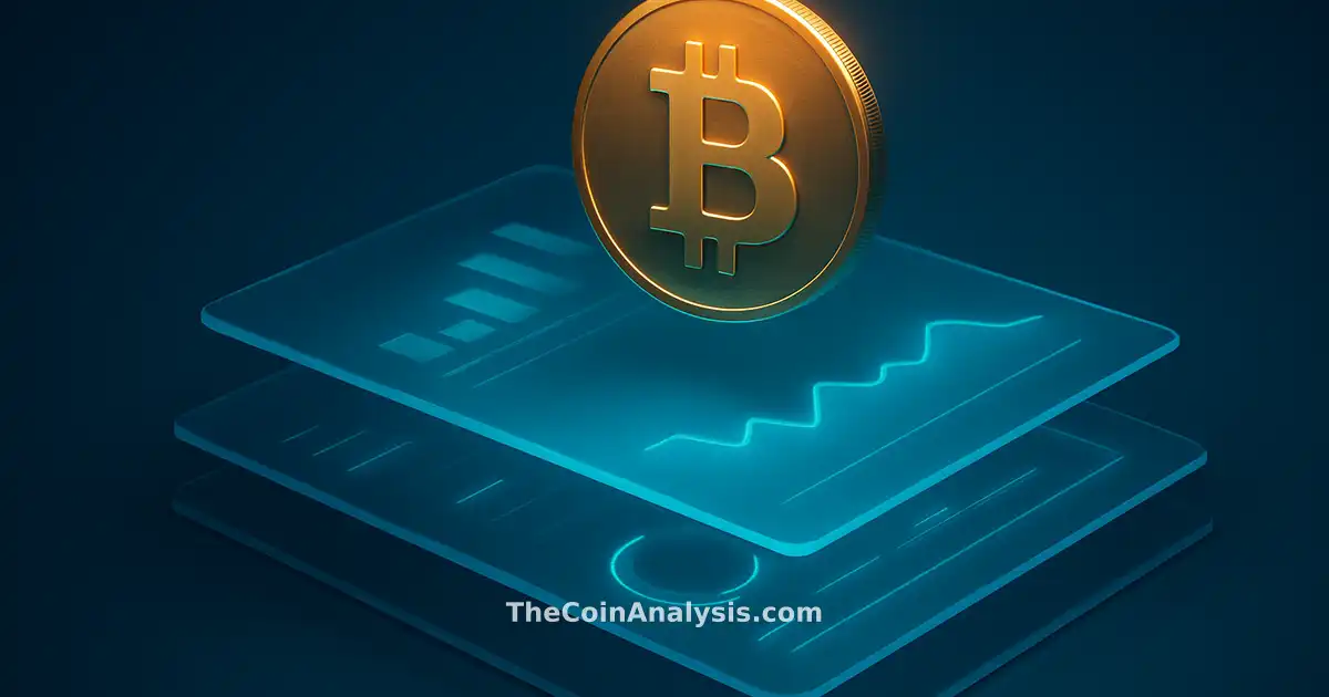 Bitcoin stylisé doré flottant au-dessus de panneaux en verre givré avec visualisation de flux ETF abstraits.