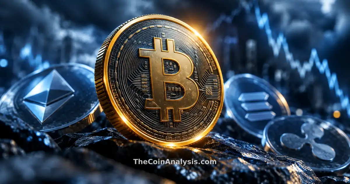 Pièce Bitcoin stylisée avec liseré doré sur fond sombre bleu ardoise, éclairage dramatique et flou artistique.