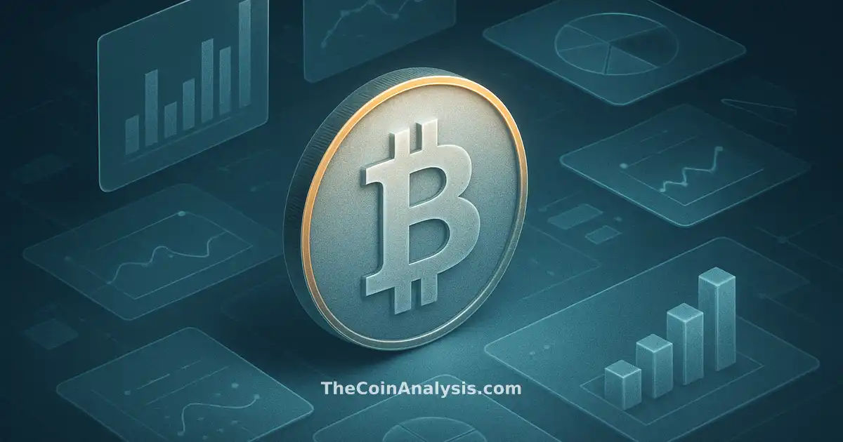 Illustration isométrique d’une pièce Bitcoin stylisée flottant au centre de panneaux vitrifiés holographiques.