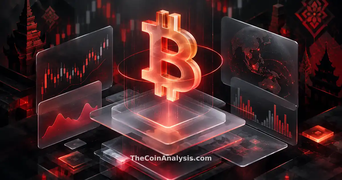 Symbole Bitcoin lumineux flottant sur panneaux givrés avec graphiques boursiers et motifs géométriques sud-asiatiques.