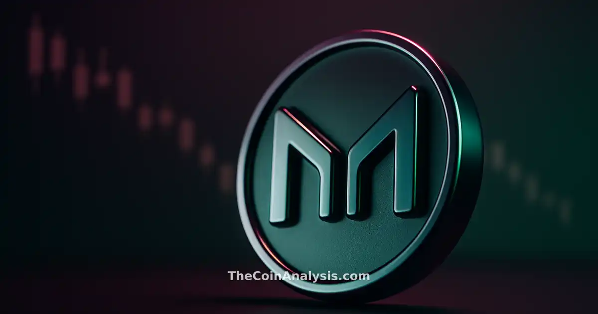 Glyphe 3D brillant du token Maker en plongée, éclairage dramatique, bougies boursières en baisse en arrière-plan flou.