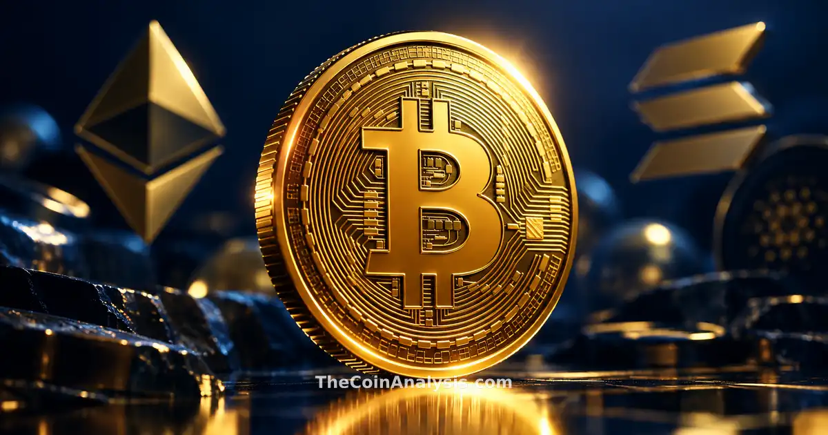 Pièce Bitcoin dorée brillante en 3D avec éclairage dramatique sur fond bleu marine et motifs crypto flous.