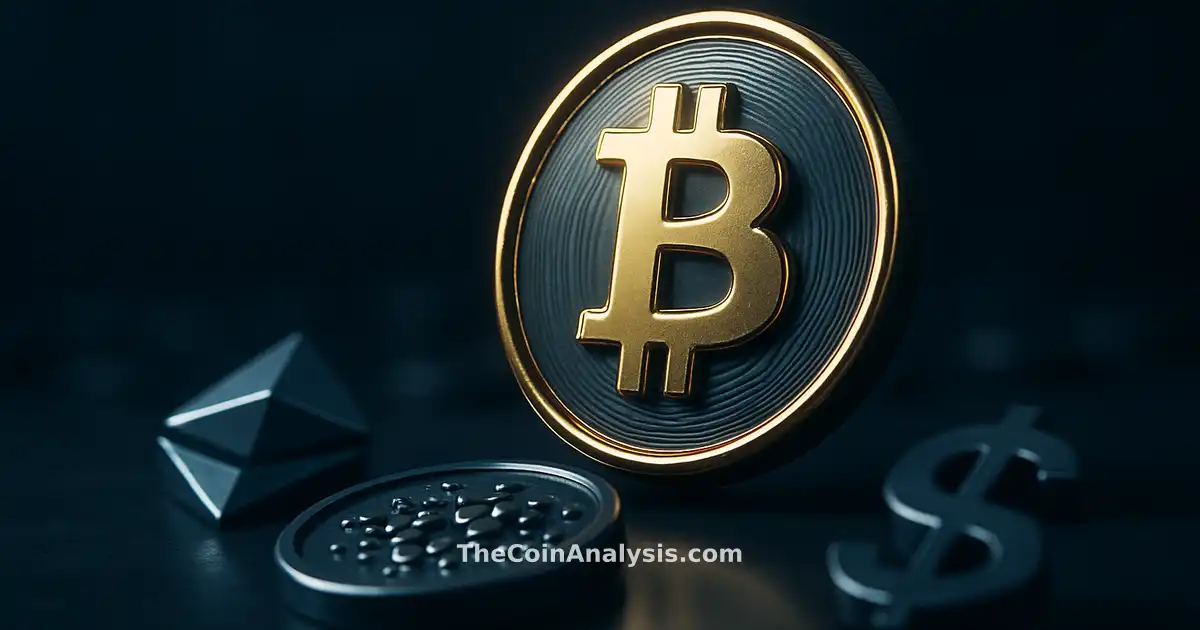 Pièce Bitcoin 3D brillante avec éclairage doré sur fond bleu marine sombre, ambiance financière institutionnelle.