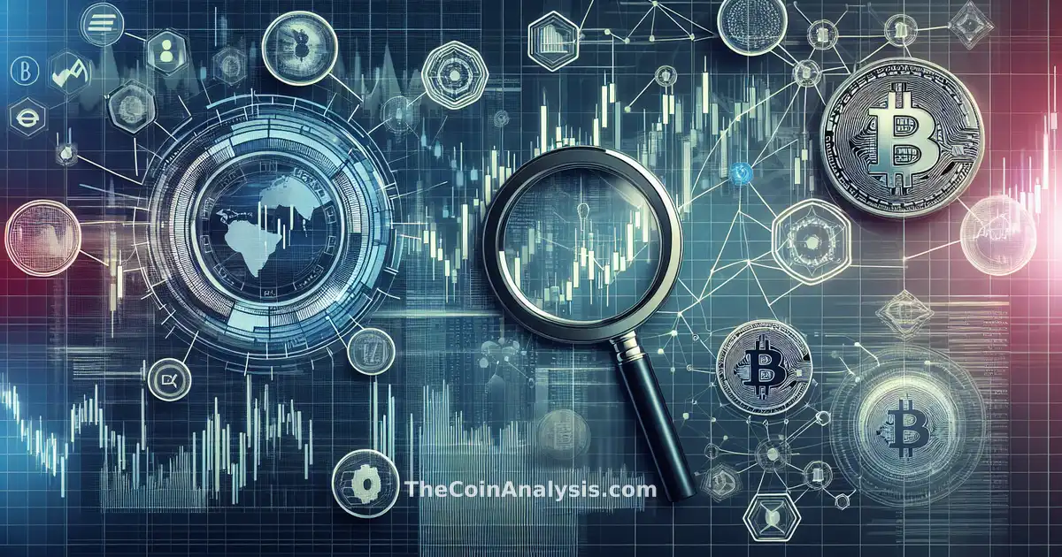 Infographie moderne montrant graphiques crypto fluctuants, pièces numériques, nœuds blockchain et loupe sur trading suspect