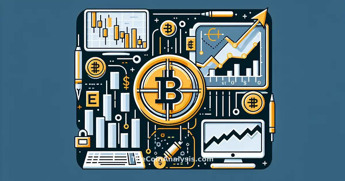 Illustration numérique d’une pièce Bitcoin stylisée devant un graphique ETF avec courbes en baisse et hausse modérées.