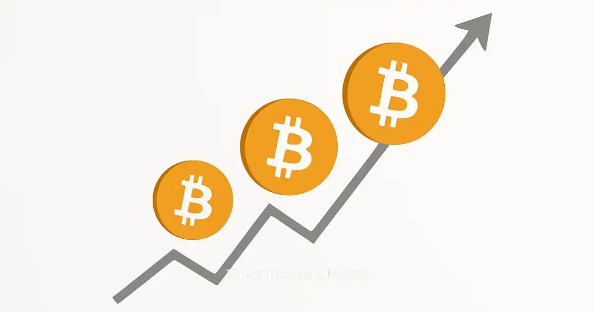 Illustration minimaliste de pièces Bitcoin stylisées avec des courbes ascendantes sur fond blanc épuré.