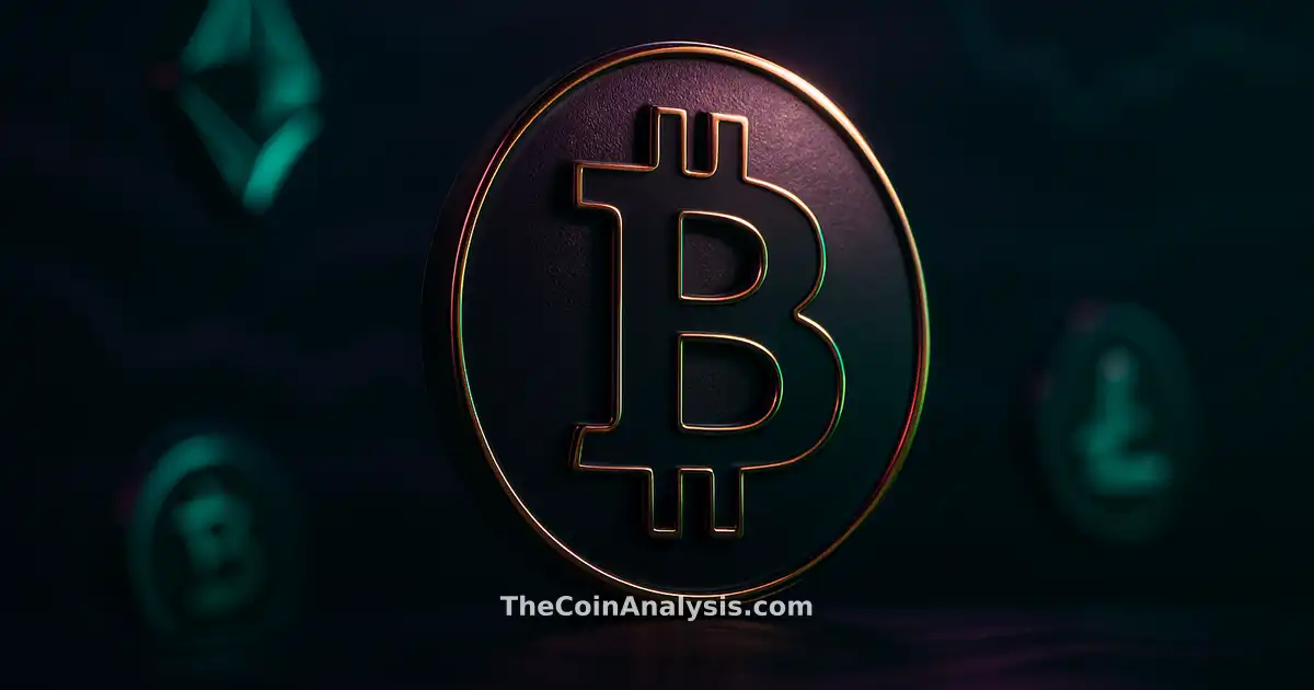 Pièce Bitcoin stylisée en 3D avec éclairage doré sur fond bleu marine et vagues de volatilité subtiles.