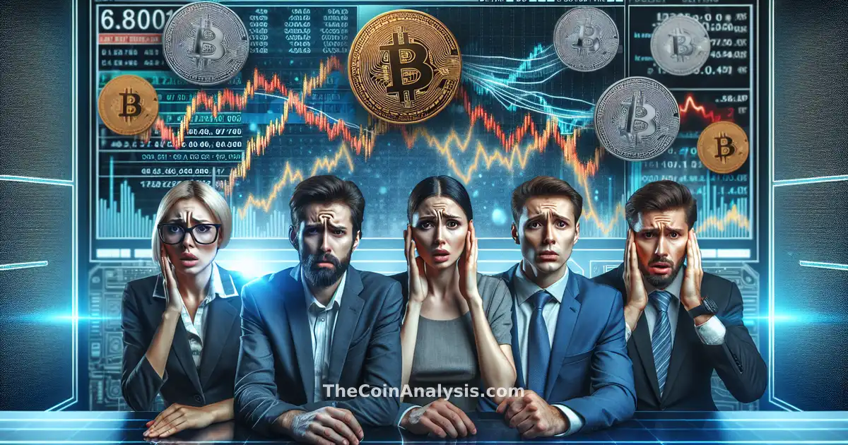 Mineurs Bitcoin stressés devant des rigs de minage numériques, graphique Bitcoin en baisse illustrant des pertes financières